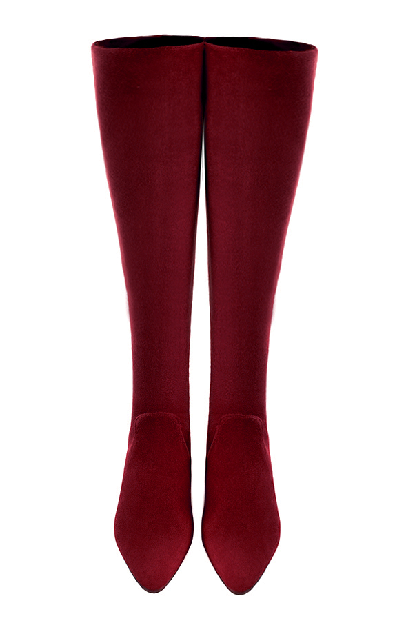 Burgundy red women's knee-high boots, with laces at the back. Tapered toe. Low flare heels. Made to measure. Top view - Florence KOOIJMAN